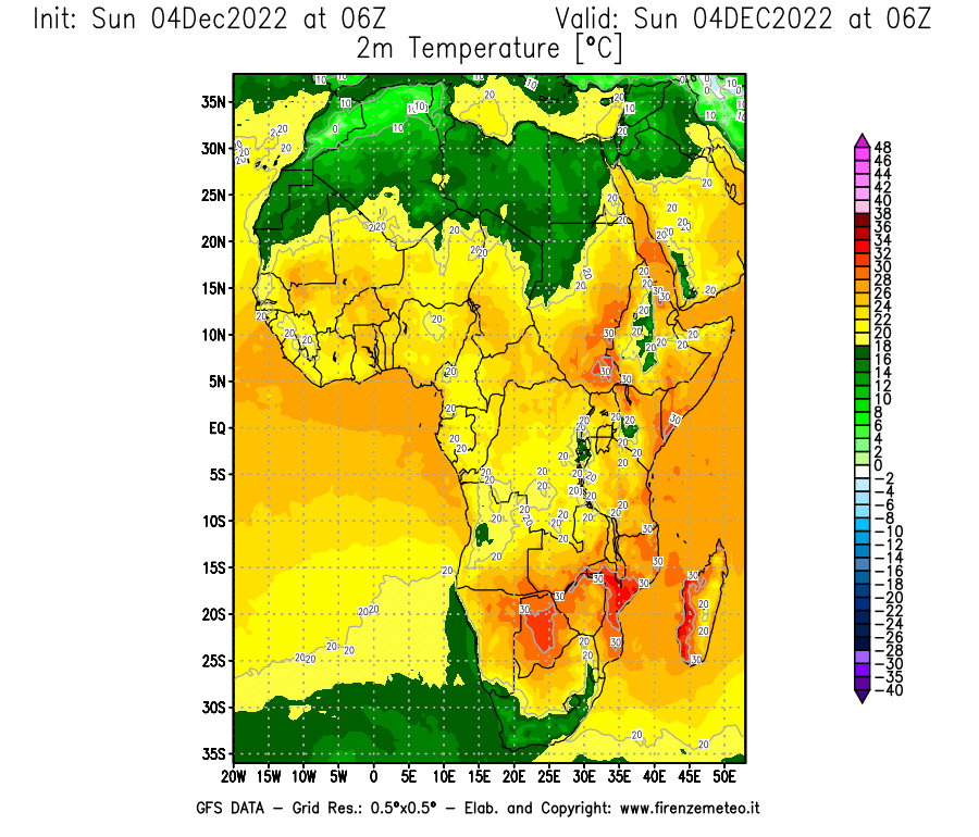 Mappa di analisi GFS - Temperatura a 2 metri dal suolo [°C] in Africa
							del 04/12/2022 06 <!--googleoff: index-->UTC<!--googleon: index-->