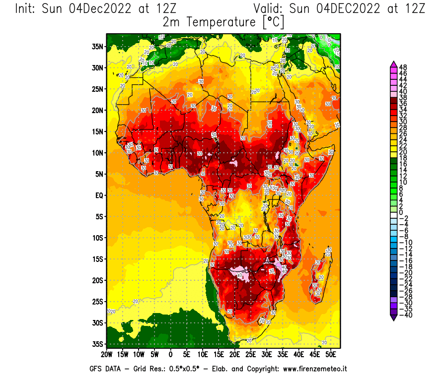 Mappa di analisi GFS - Temperatura a 2 metri dal suolo [°C] in Africa
							del 04/12/2022 12 <!--googleoff: index-->UTC<!--googleon: index-->