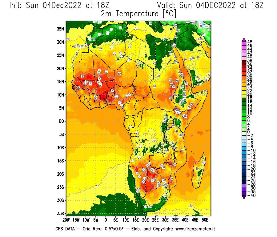 Mappa di analisi GFS - Temperatura a 2 metri dal suolo [°C] in Africa
							del 04/12/2022 18 <!--googleoff: index-->UTC<!--googleon: index-->