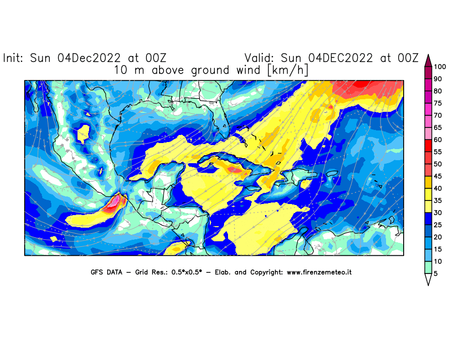 Mappa di analisi GFS - Velocità del vento a 10 metri dal suolo [km/h] in Centro-America
							del 04/12/2022 00 <!--googleoff: index-->UTC<!--googleon: index-->
