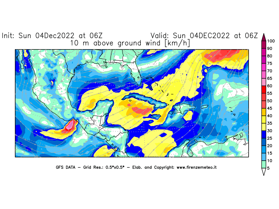 Mappa di analisi GFS - Velocità del vento a 10 metri dal suolo [km/h] in Centro-America
							del 04/12/2022 06 <!--googleoff: index-->UTC<!--googleon: index-->