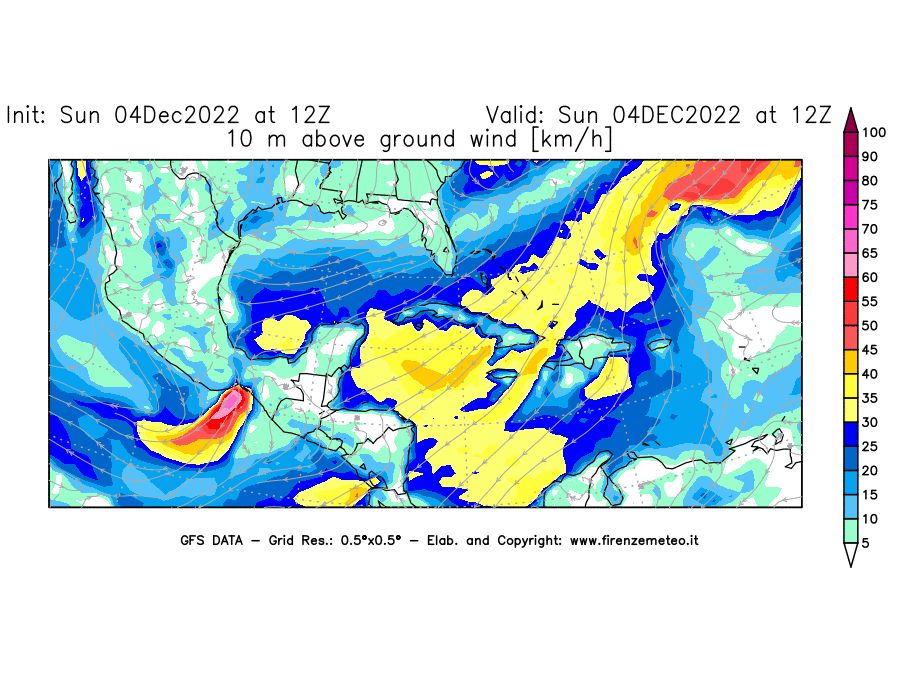 Mappa di analisi GFS - Velocità del vento a 10 metri dal suolo [km/h] in Centro-America
							del 04/12/2022 12 <!--googleoff: index-->UTC<!--googleon: index-->