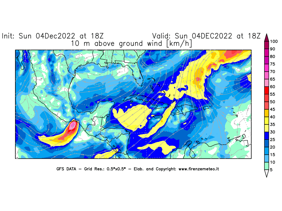 Mappa di analisi GFS - Velocità del vento a 10 metri dal suolo [km/h] in Centro-America
							del 04/12/2022 18 <!--googleoff: index-->UTC<!--googleon: index-->