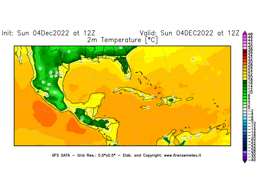 Mappa di analisi GFS - Temperatura a 2 metri dal suolo [°C] in Centro-America
							del 04/12/2022 12 <!--googleoff: index-->UTC<!--googleon: index-->