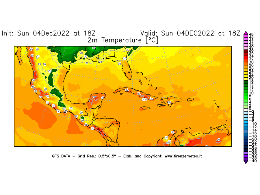Mappa di analisi GFS - Temperatura a 2 metri dal suolo [°C] in Centro-America
							del 04/12/2022 18 <!--googleoff: index-->UTC<!--googleon: index-->