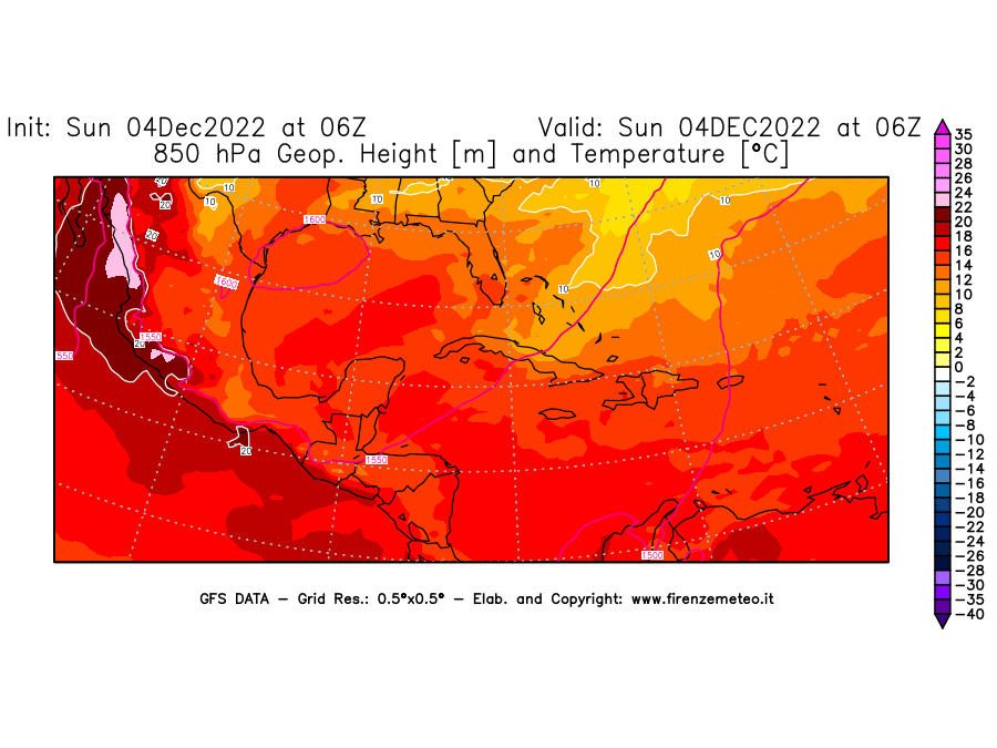 Mappa di analisi GFS - Geopotenziale [m] e Temperatura [°C] a 850 hPa in Centro-America
							del 04/12/2022 06 <!--googleoff: index-->UTC<!--googleon: index-->