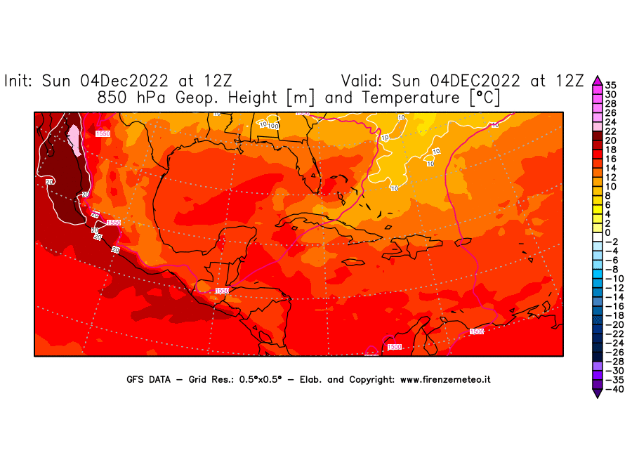 Mappa di analisi GFS - Geopotenziale [m] e Temperatura [°C] a 850 hPa in Centro-America
							del 04/12/2022 12 <!--googleoff: index-->UTC<!--googleon: index-->