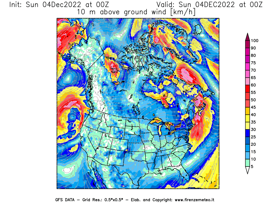 Mappa di analisi GFS - Velocità del vento a 10 metri dal suolo [km/h] in Nord-America
							del 04/12/2022 00 <!--googleoff: index-->UTC<!--googleon: index-->