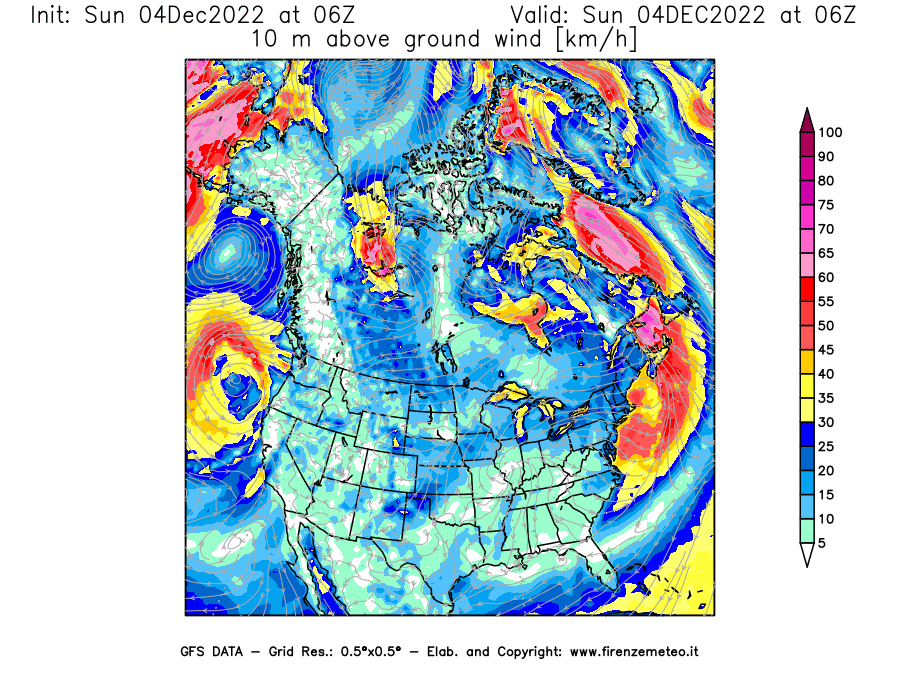 Mappa di analisi GFS - Velocità del vento a 10 metri dal suolo [km/h] in Nord-America
							del 04/12/2022 06 <!--googleoff: index-->UTC<!--googleon: index-->