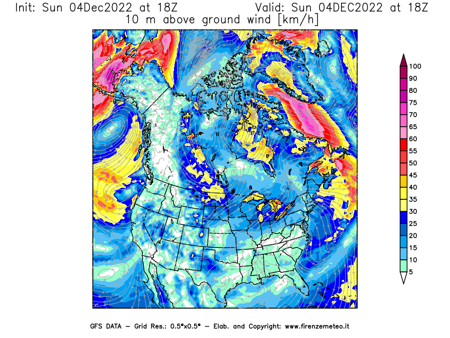 Mappa di analisi GFS - Velocità del vento a 10 metri dal suolo [km/h] in Nord-America
							del 04/12/2022 18 <!--googleoff: index-->UTC<!--googleon: index-->