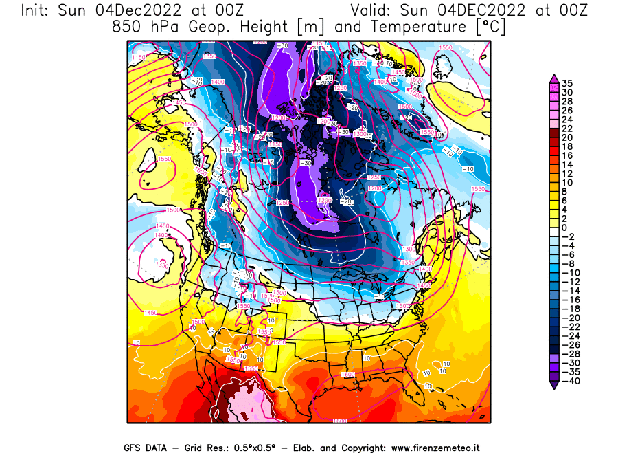 Mappa di analisi GFS - Geopotenziale [m] e Temperatura [°C] a 850 hPa in Nord-America
							del 04/12/2022 00 <!--googleoff: index-->UTC<!--googleon: index-->