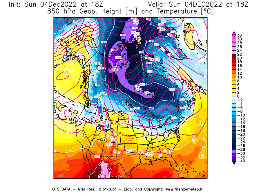 Mappa di analisi GFS - Geopotenziale [m] e Temperatura [°C] a 850 hPa in Nord-America
							del 04/12/2022 18 <!--googleoff: index-->UTC<!--googleon: index-->