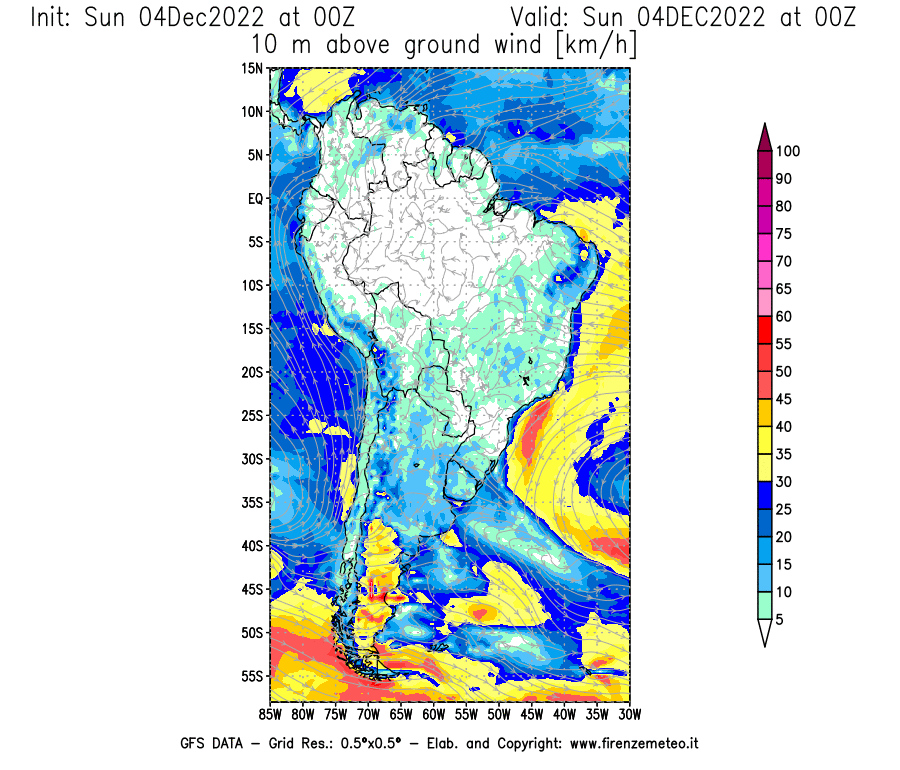 Mappa di analisi GFS - Velocità del vento a 10 metri dal suolo [km/h] in Sud-America
							del 04/12/2022 00 <!--googleoff: index-->UTC<!--googleon: index-->