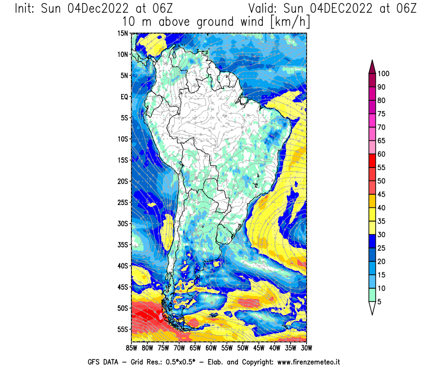 Mappa di analisi GFS - Velocità del vento a 10 metri dal suolo [km/h] in Sud-America
							del 04/12/2022 06 <!--googleoff: index-->UTC<!--googleon: index-->
