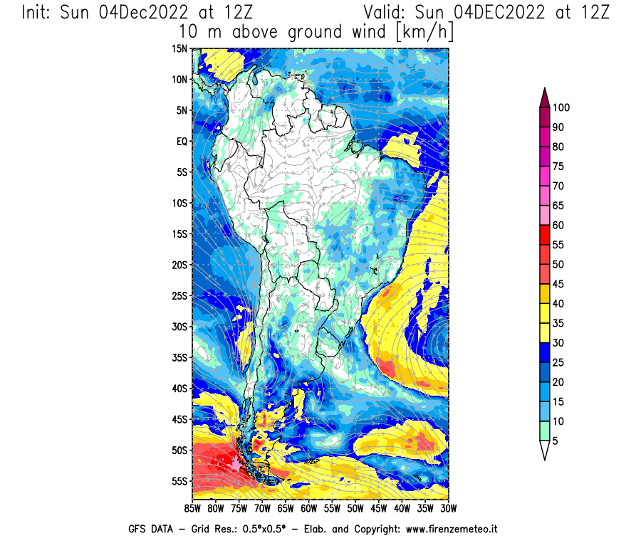 Mappa di analisi GFS - Velocità del vento a 10 metri dal suolo [km/h] in Sud-America
							del 04/12/2022 12 <!--googleoff: index-->UTC<!--googleon: index-->