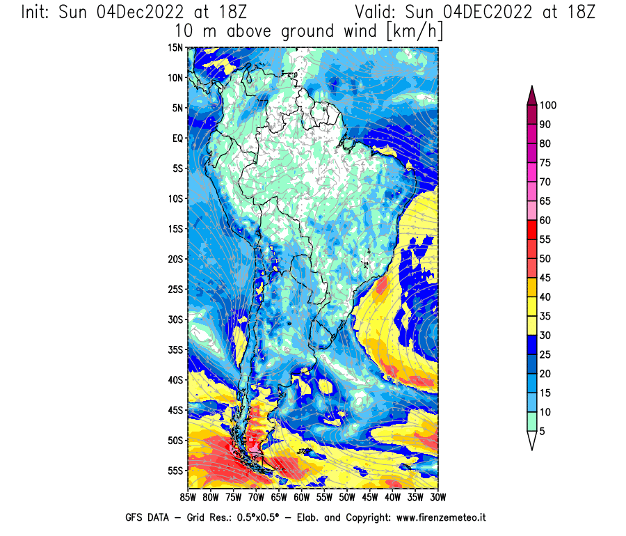 Mappa di analisi GFS - Velocità del vento a 10 metri dal suolo [km/h] in Sud-America
							del 04/12/2022 18 <!--googleoff: index-->UTC<!--googleon: index-->