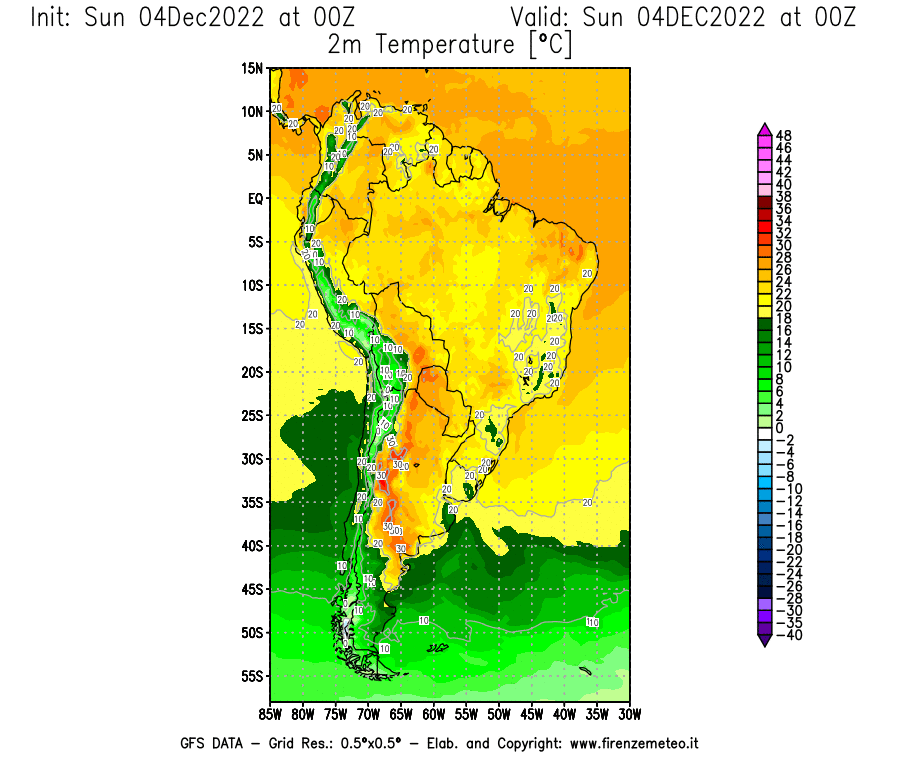 Mappa di analisi GFS - Temperatura a 2 metri dal suolo [°C] in Sud-America
							del 04/12/2022 00 <!--googleoff: index-->UTC<!--googleon: index-->
