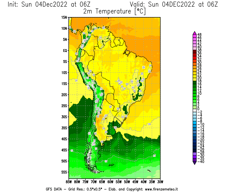 Mappa di analisi GFS - Temperatura a 2 metri dal suolo [°C] in Sud-America
							del 04/12/2022 06 <!--googleoff: index-->UTC<!--googleon: index-->