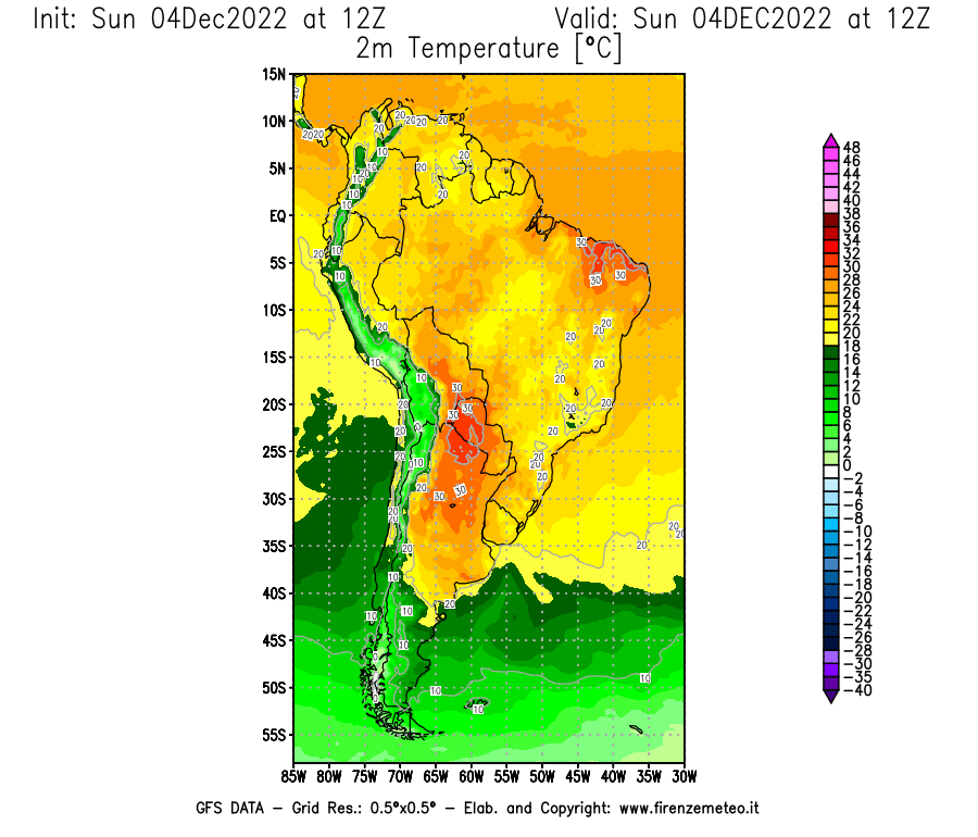 Mappa di analisi GFS - Temperatura a 2 metri dal suolo [°C] in Sud-America
							del 04/12/2022 12 <!--googleoff: index-->UTC<!--googleon: index-->