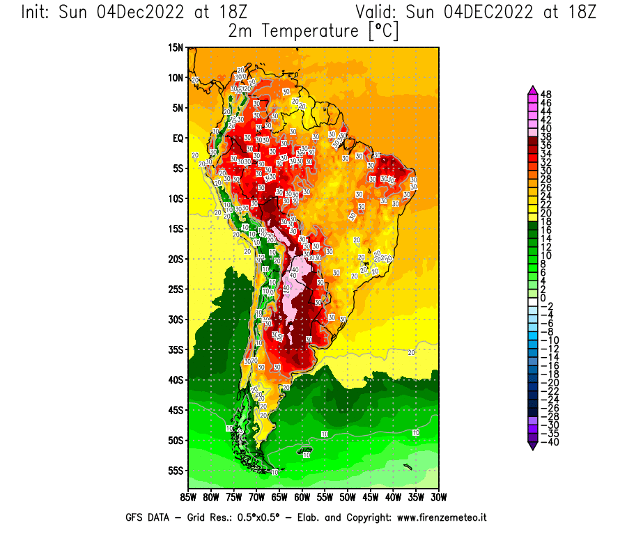 Mappa di analisi GFS - Temperatura a 2 metri dal suolo [°C] in Sud-America
							del 04/12/2022 18 <!--googleoff: index-->UTC<!--googleon: index-->