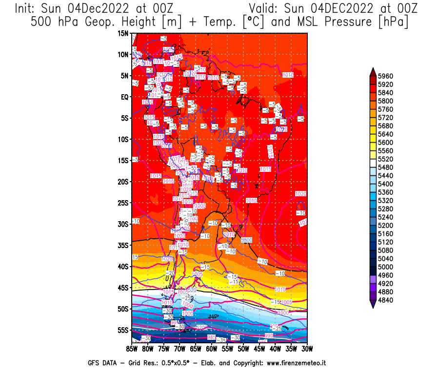 Mappa di analisi GFS - Geopotenziale [m] + Temp. [°C] a 500 hPa + Press. a livello del mare [hPa] in Sud-America
							del 04/12/2022 00 <!--googleoff: index-->UTC<!--googleon: index-->