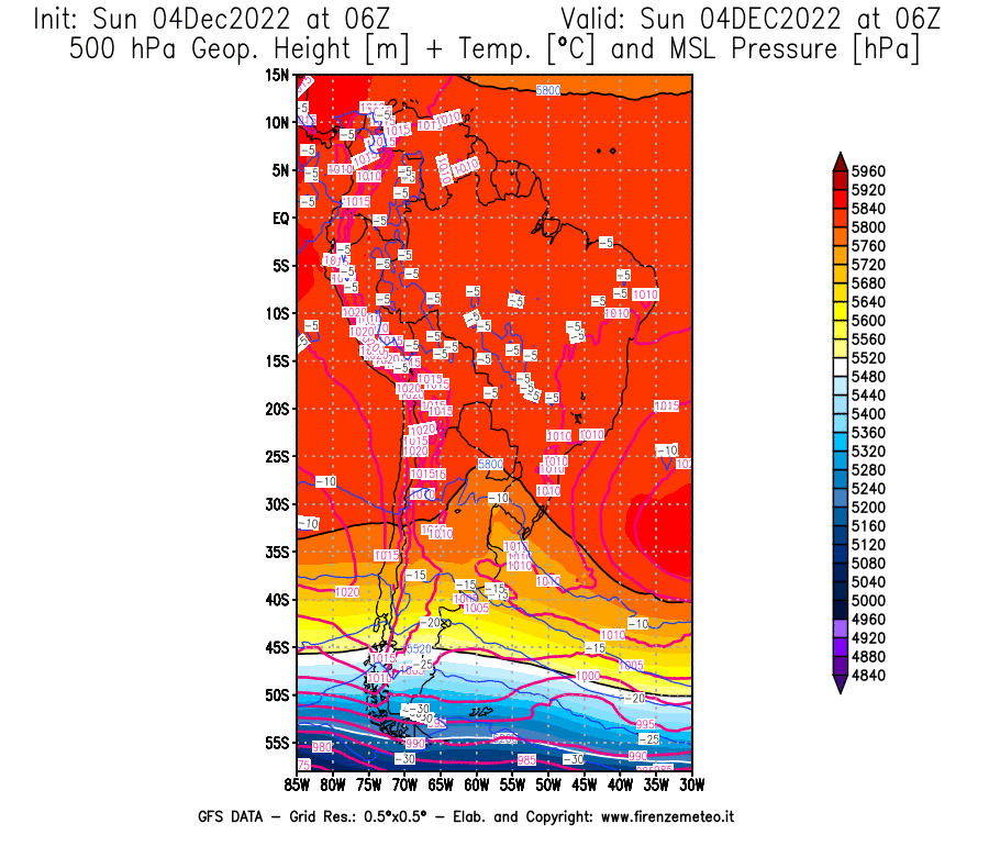 Mappa di analisi GFS - Geopotenziale [m] + Temp. [°C] a 500 hPa + Press. a livello del mare [hPa] in Sud-America
							del 04/12/2022 06 <!--googleoff: index-->UTC<!--googleon: index-->