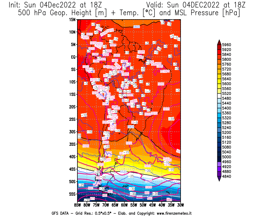 Mappa di analisi GFS - Geopotenziale [m] + Temp. [°C] a 500 hPa + Press. a livello del mare [hPa] in Sud-America
							del 04/12/2022 18 <!--googleoff: index-->UTC<!--googleon: index-->