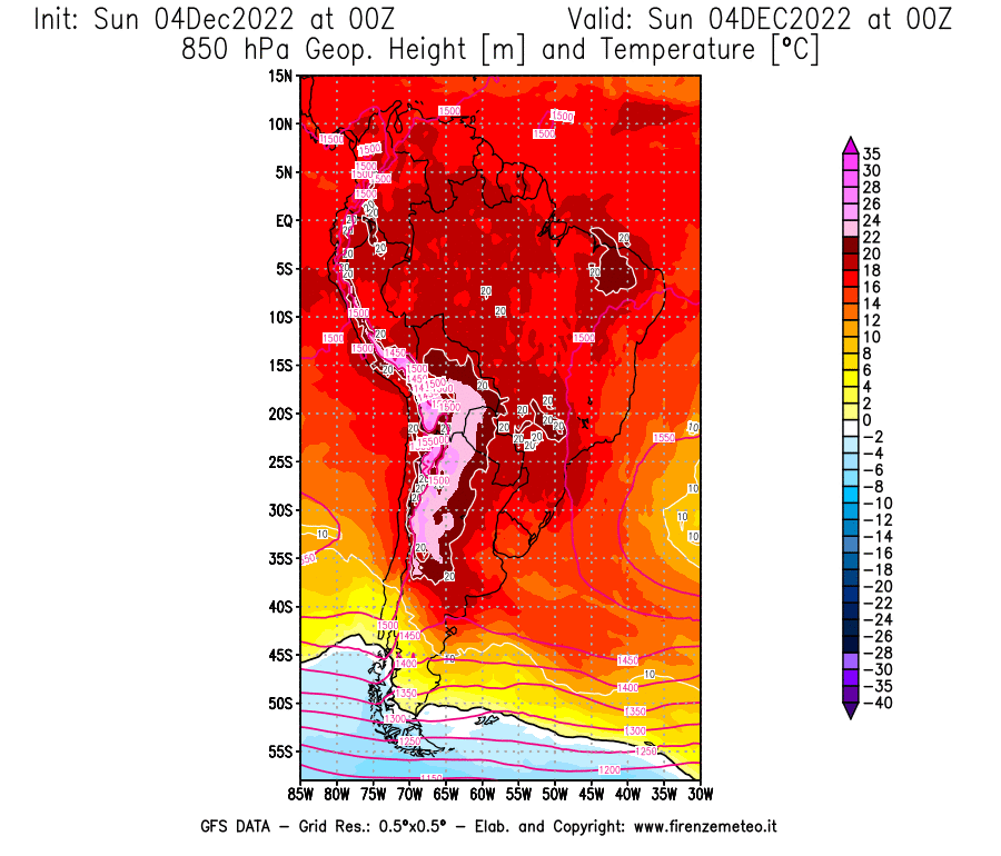 Mappa di analisi GFS - Geopotenziale [m] e Temperatura [°C] a 850 hPa in Sud-America
							del 04/12/2022 00 <!--googleoff: index-->UTC<!--googleon: index-->