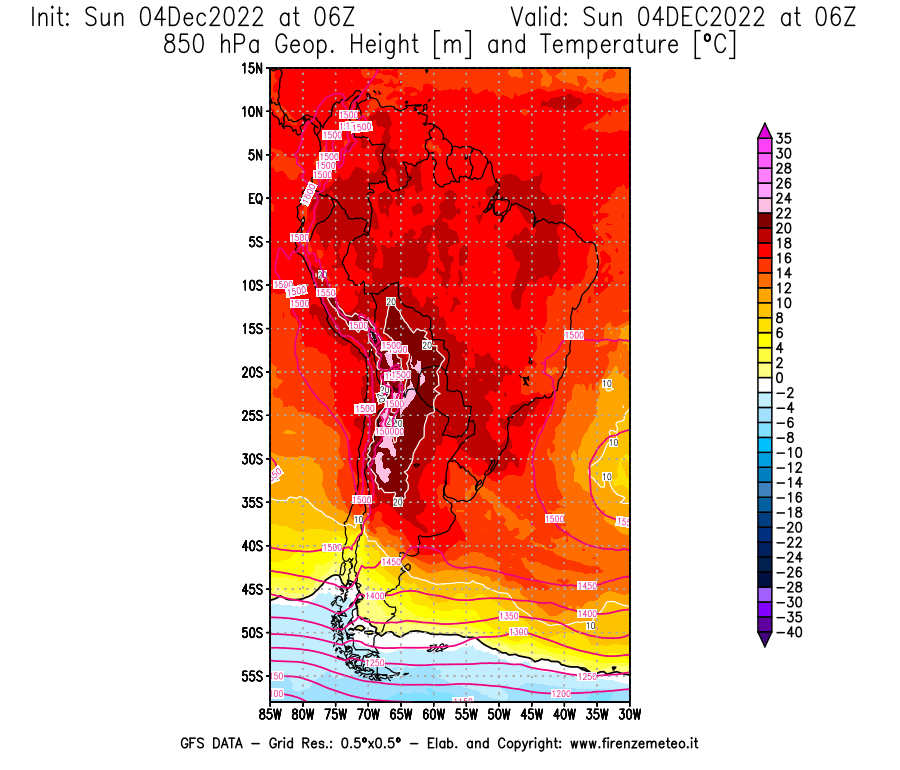 Mappa di analisi GFS - Geopotenziale [m] e Temperatura [°C] a 850 hPa in Sud-America
							del 04/12/2022 06 <!--googleoff: index-->UTC<!--googleon: index-->