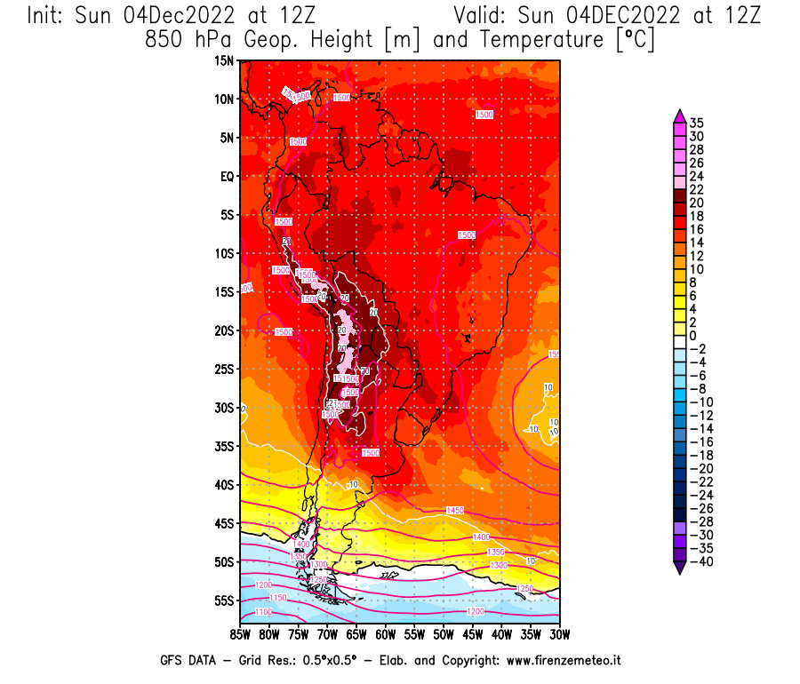 Mappa di analisi GFS - Geopotenziale [m] e Temperatura [°C] a 850 hPa in Sud-America
							del 04/12/2022 12 <!--googleoff: index-->UTC<!--googleon: index-->