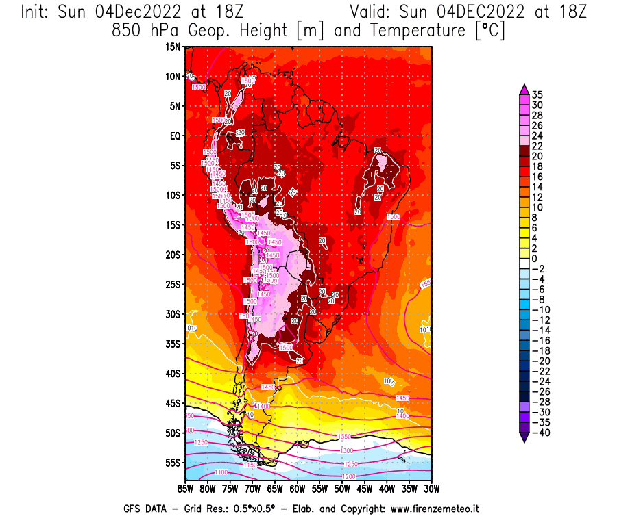 Mappa di analisi GFS - Geopotenziale [m] e Temperatura [°C] a 850 hPa in Sud-America
							del 04/12/2022 18 <!--googleoff: index-->UTC<!--googleon: index-->