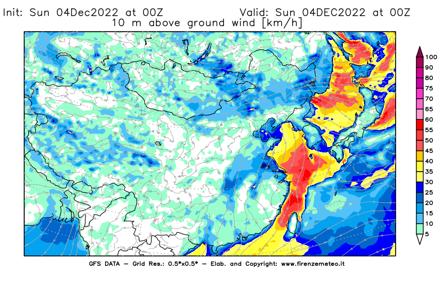 Mappa di analisi GFS - Velocità del vento a 10 metri dal suolo [km/h] in Asia Orientale
							del 04/12/2022 00 <!--googleoff: index-->UTC<!--googleon: index-->