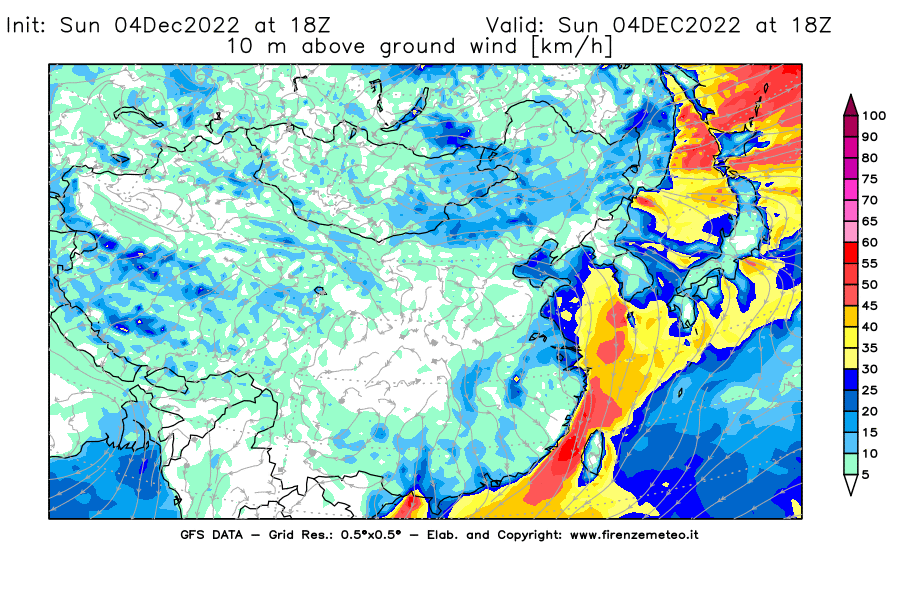 Mappa di analisi GFS - Velocità del vento a 10 metri dal suolo [km/h] in Asia Orientale
							del 04/12/2022 18 <!--googleoff: index-->UTC<!--googleon: index-->