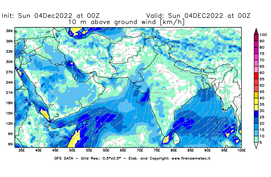 Mappa di analisi GFS - Velocità del vento a 10 metri dal suolo [km/h] in Asia Sud-Occidentale
							del 04/12/2022 00 <!--googleoff: index-->UTC<!--googleon: index-->