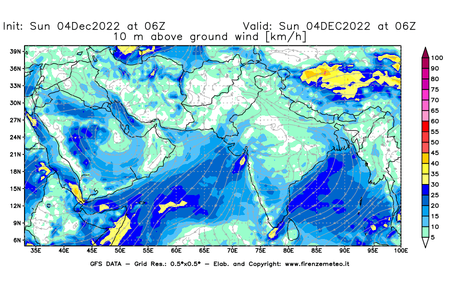 Mappa di analisi GFS - Velocità del vento a 10 metri dal suolo [km/h] in Asia Sud-Occidentale
							del 04/12/2022 06 <!--googleoff: index-->UTC<!--googleon: index-->