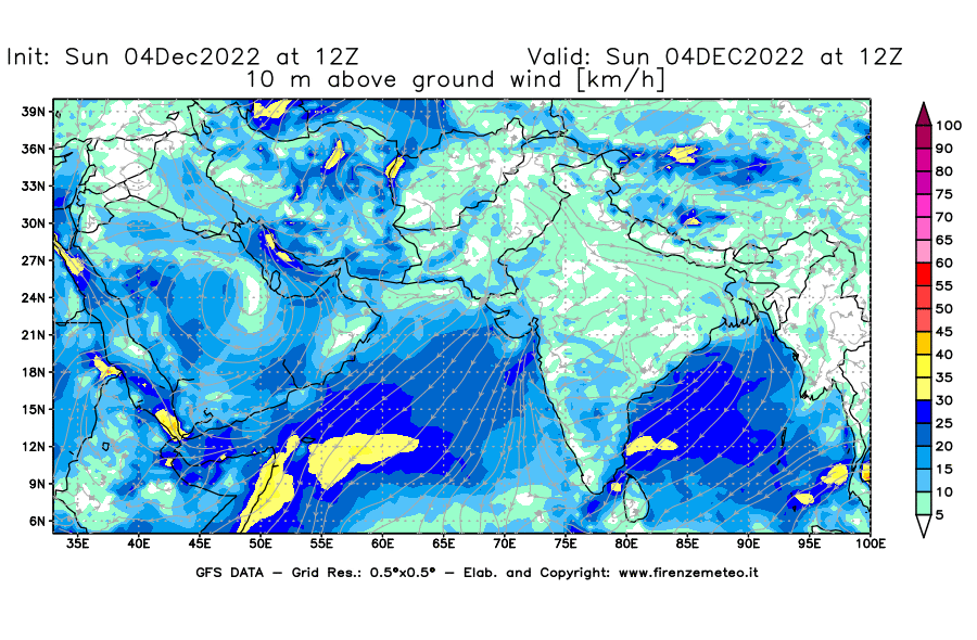 Mappa di analisi GFS - Velocità del vento a 10 metri dal suolo [km/h] in Asia Sud-Occidentale
							del 04/12/2022 12 <!--googleoff: index-->UTC<!--googleon: index-->