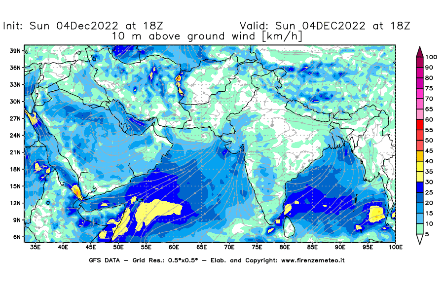 Mappa di analisi GFS - Velocità del vento a 10 metri dal suolo [km/h] in Asia Sud-Occidentale
							del 04/12/2022 18 <!--googleoff: index-->UTC<!--googleon: index-->