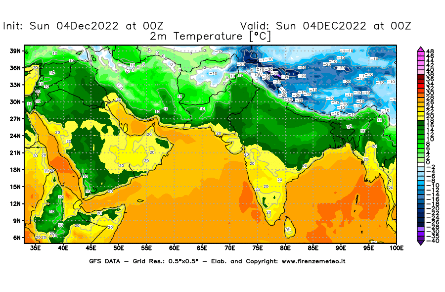 Mappa di analisi GFS - Temperatura a 2 metri dal suolo [°C] in Asia Sud-Occidentale
							del 04/12/2022 00 <!--googleoff: index-->UTC<!--googleon: index-->