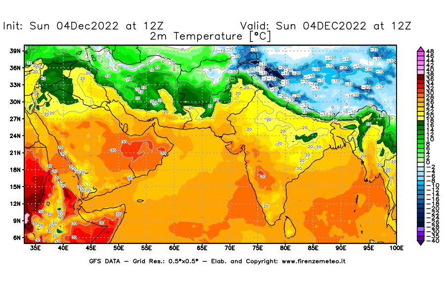 Mappa di analisi GFS - Temperatura a 2 metri dal suolo [°C] in Asia Sud-Occidentale
							del 04/12/2022 12 <!--googleoff: index-->UTC<!--googleon: index-->