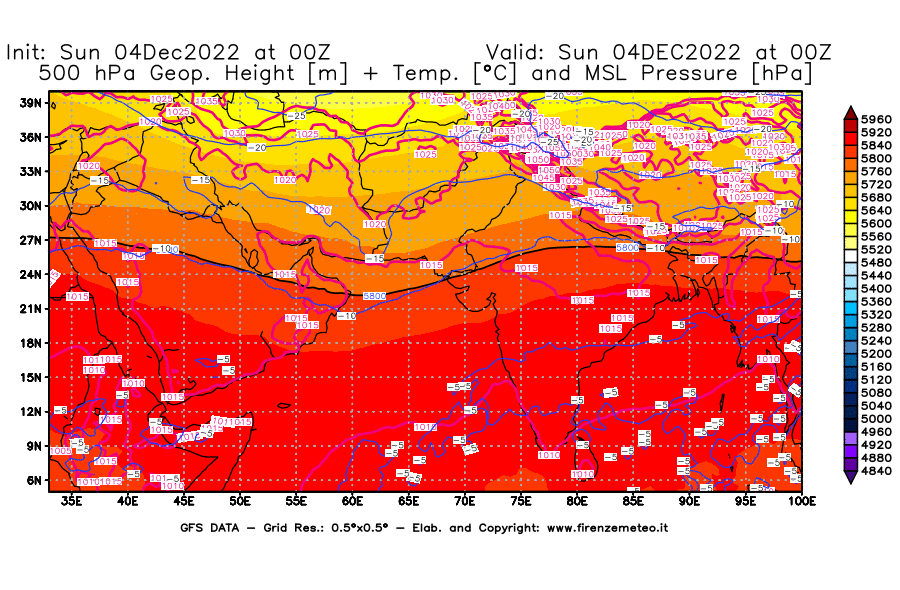 Mappa di analisi GFS - Geopotenziale [m] + Temp. [°C] a 500 hPa + Press. a livello del mare [hPa] in Asia Sud-Occidentale
							del 04/12/2022 00 <!--googleoff: index-->UTC<!--googleon: index-->