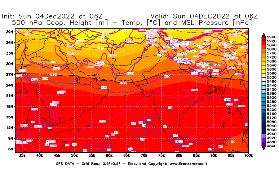 Mappa di analisi GFS - Geopotenziale [m] + Temp. [°C] a 500 hPa + Press. a livello del mare [hPa] in Asia Sud-Occidentale
							del 04/12/2022 06 <!--googleoff: index-->UTC<!--googleon: index-->