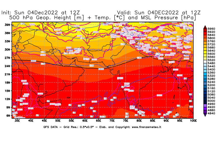 Mappa di analisi GFS - Geopotenziale [m] + Temp. [°C] a 500 hPa + Press. a livello del mare [hPa] in Asia Sud-Occidentale
							del 04/12/2022 12 <!--googleoff: index-->UTC<!--googleon: index-->