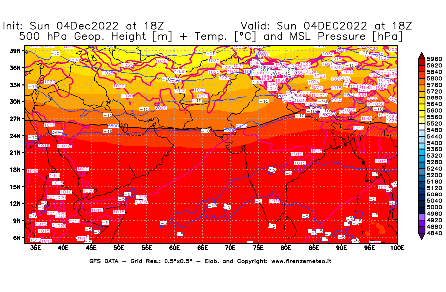 Mappa di analisi GFS - Geopotenziale [m] + Temp. [°C] a 500 hPa + Press. a livello del mare [hPa] in Asia Sud-Occidentale
							del 04/12/2022 18 <!--googleoff: index-->UTC<!--googleon: index-->