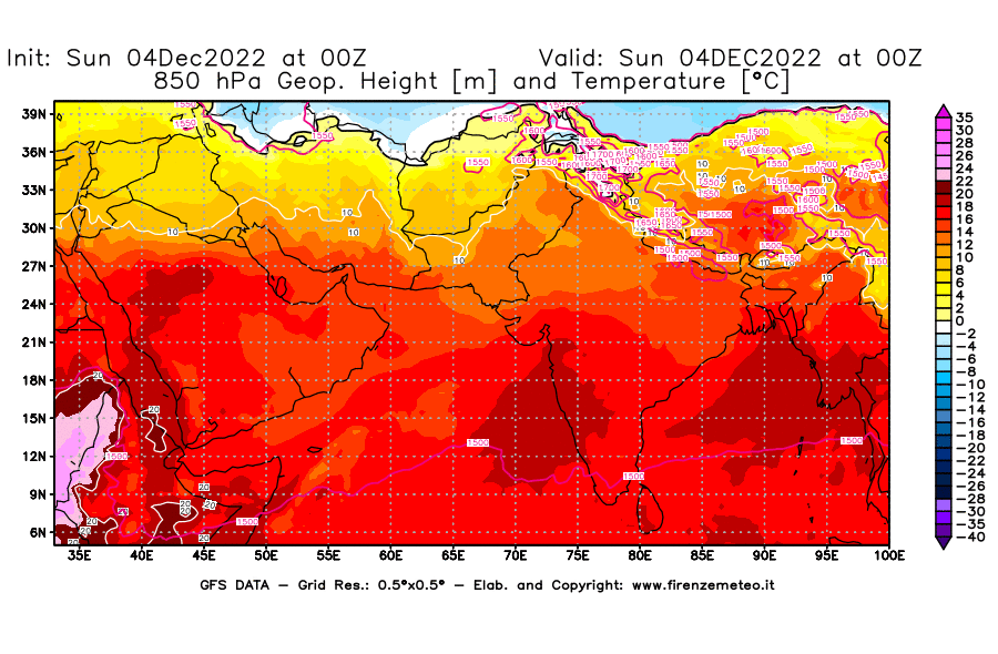 Mappa di analisi GFS - Geopotenziale [m] e Temperatura [°C] a 850 hPa in Asia Sud-Occidentale
							del 04/12/2022 00 <!--googleoff: index-->UTC<!--googleon: index-->