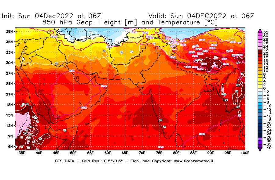 Mappa di analisi GFS - Geopotenziale [m] e Temperatura [°C] a 850 hPa in Asia Sud-Occidentale
							del 04/12/2022 06 <!--googleoff: index-->UTC<!--googleon: index-->
