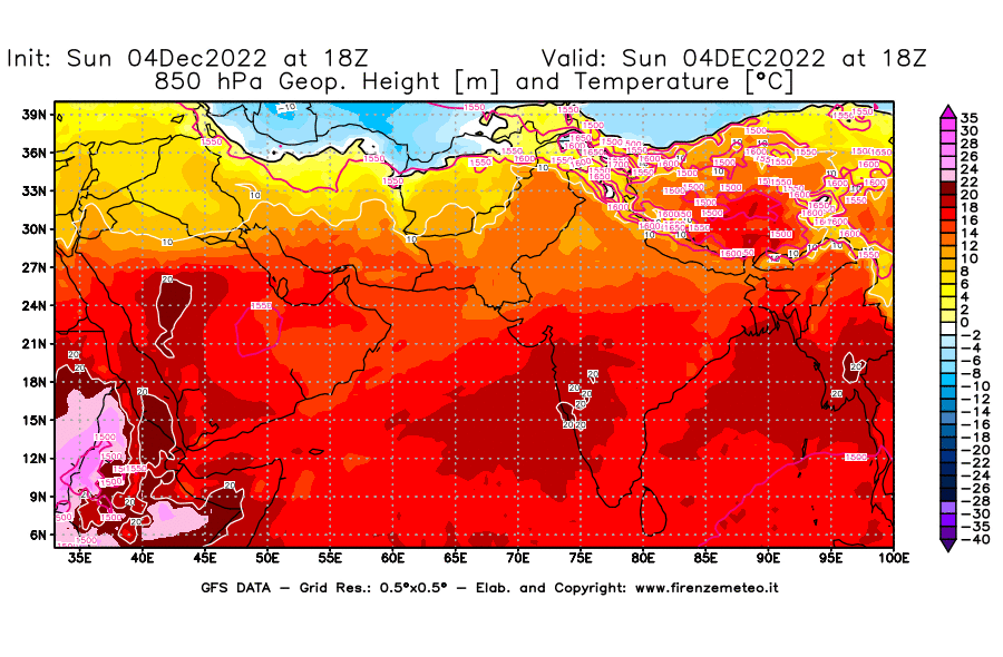 Mappa di analisi GFS - Geopotenziale [m] e Temperatura [°C] a 850 hPa in Asia Sud-Occidentale
							del 04/12/2022 18 <!--googleoff: index-->UTC<!--googleon: index-->