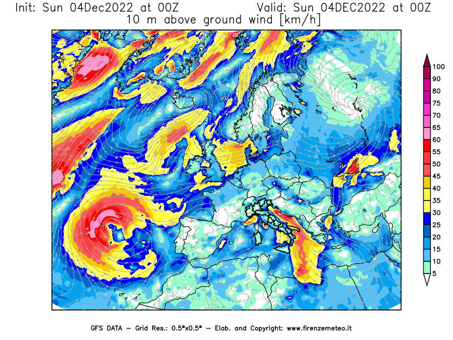 Mappa di analisi GFS - Velocità del vento a 10 metri dal suolo [km/h] in Europa
							del 04/12/2022 00 <!--googleoff: index-->UTC<!--googleon: index-->