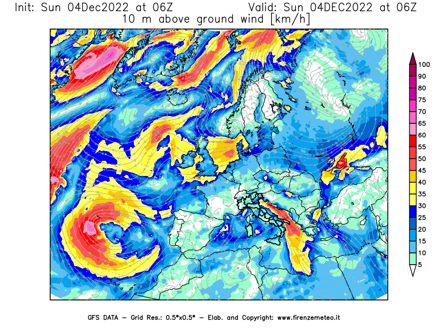 Mappa di analisi GFS - Velocità del vento a 10 metri dal suolo [km/h] in Europa
							del 04/12/2022 06 <!--googleoff: index-->UTC<!--googleon: index-->