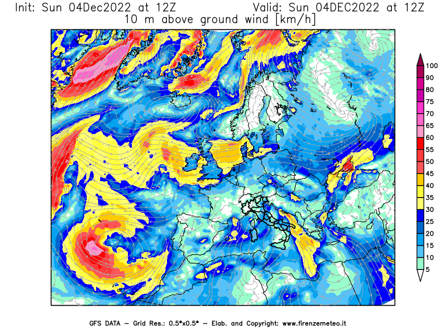 Mappa di analisi GFS - Velocità del vento a 10 metri dal suolo [km/h] in Europa
							del 04/12/2022 12 <!--googleoff: index-->UTC<!--googleon: index-->