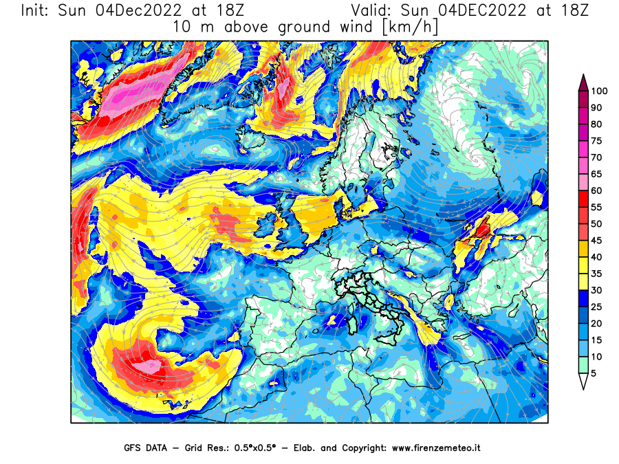 Mappa di analisi GFS - Velocità del vento a 10 metri dal suolo [km/h] in Europa
							del 04/12/2022 18 <!--googleoff: index-->UTC<!--googleon: index-->